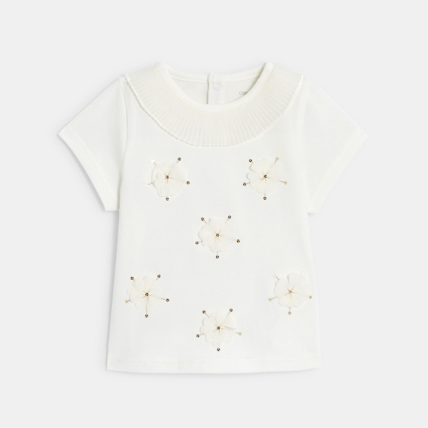 تي شيرت أبيض بزهور مطرزة بالترتر للفتيات الصغيرات